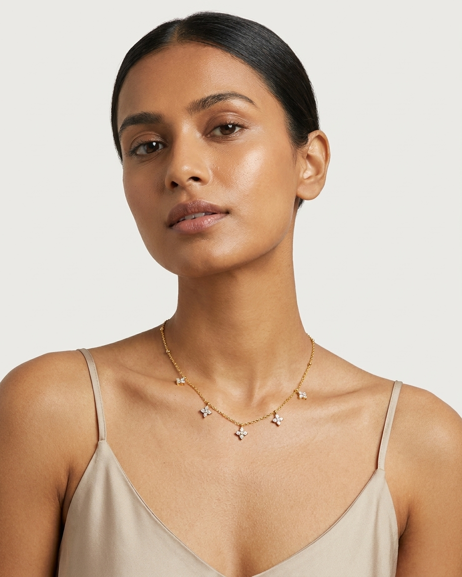 CZ Clover Charm Chain Necklace | Gold Plated Necklace for Women