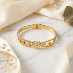 Enamel Daisy Cutout Bangle Bracelet | Gold Plated Bracelet for Women