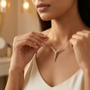 Graduated CZ diamante Y-necklace in 18K gold plating, close-up view