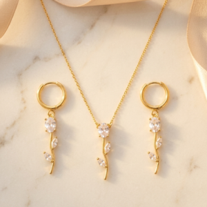 Rose Vine CZ Necklace and Earrings Set | Gold Plated Jewelry Set for Women
