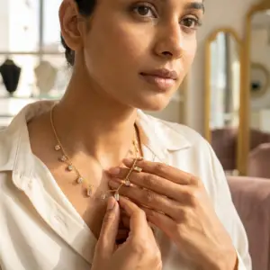 Model wearing gold plated scattered CZ charm necklace with baguette stones